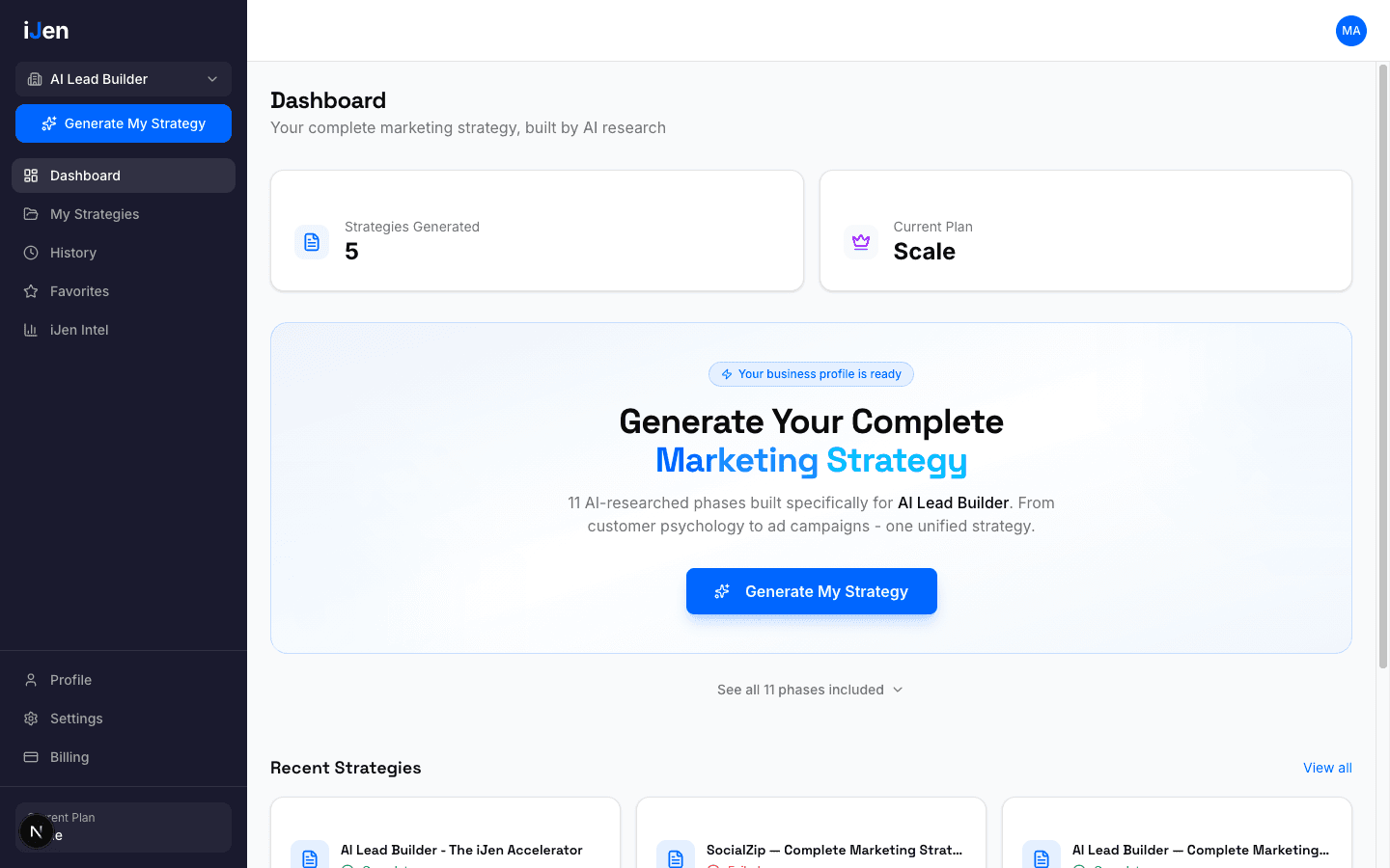 iJen dashboard showing strategy generation interface with 11 AI-researched marketing phases