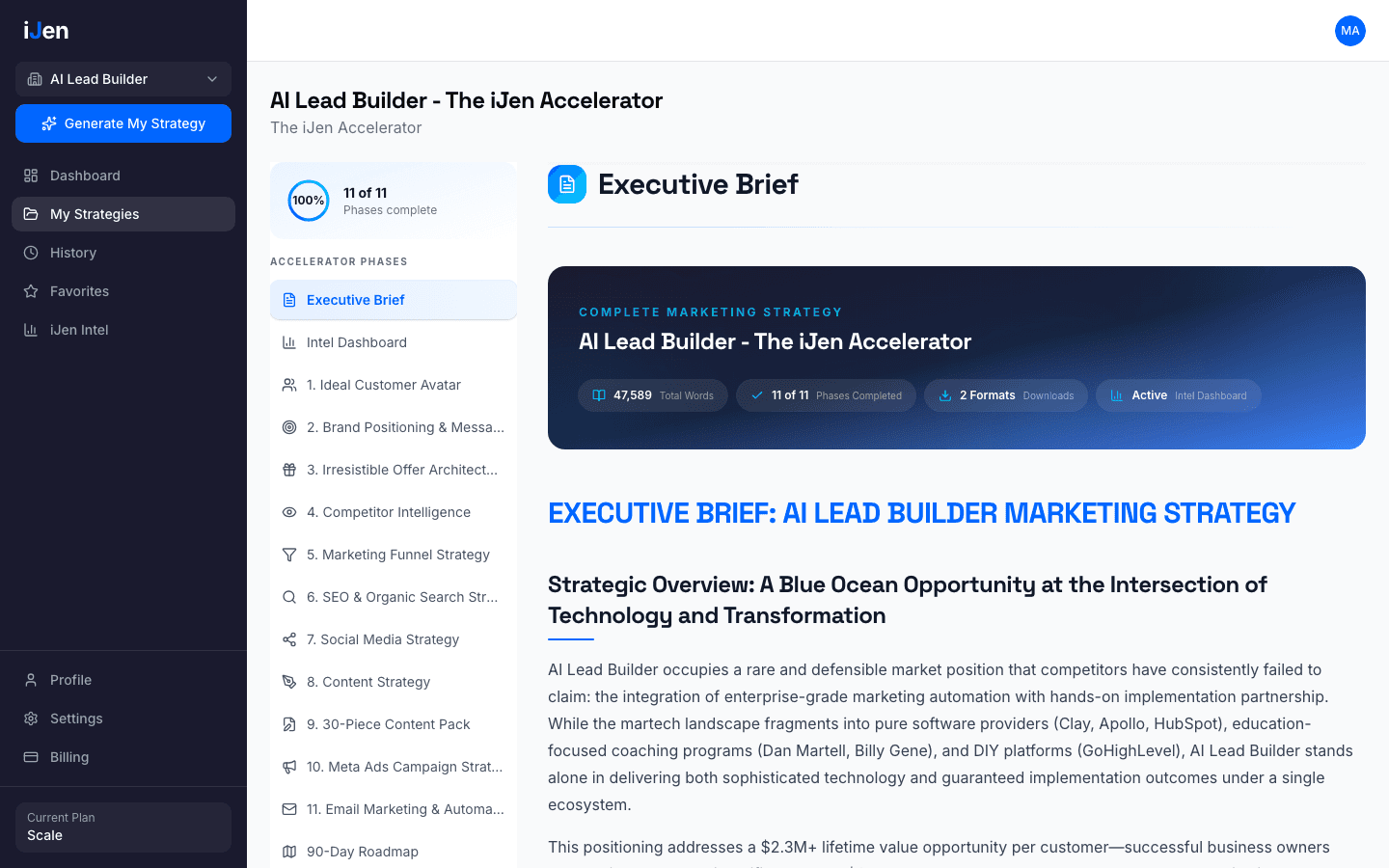 iJen strategy viewer showing Executive Brief with 11 marketing strategy phases in the sidebar