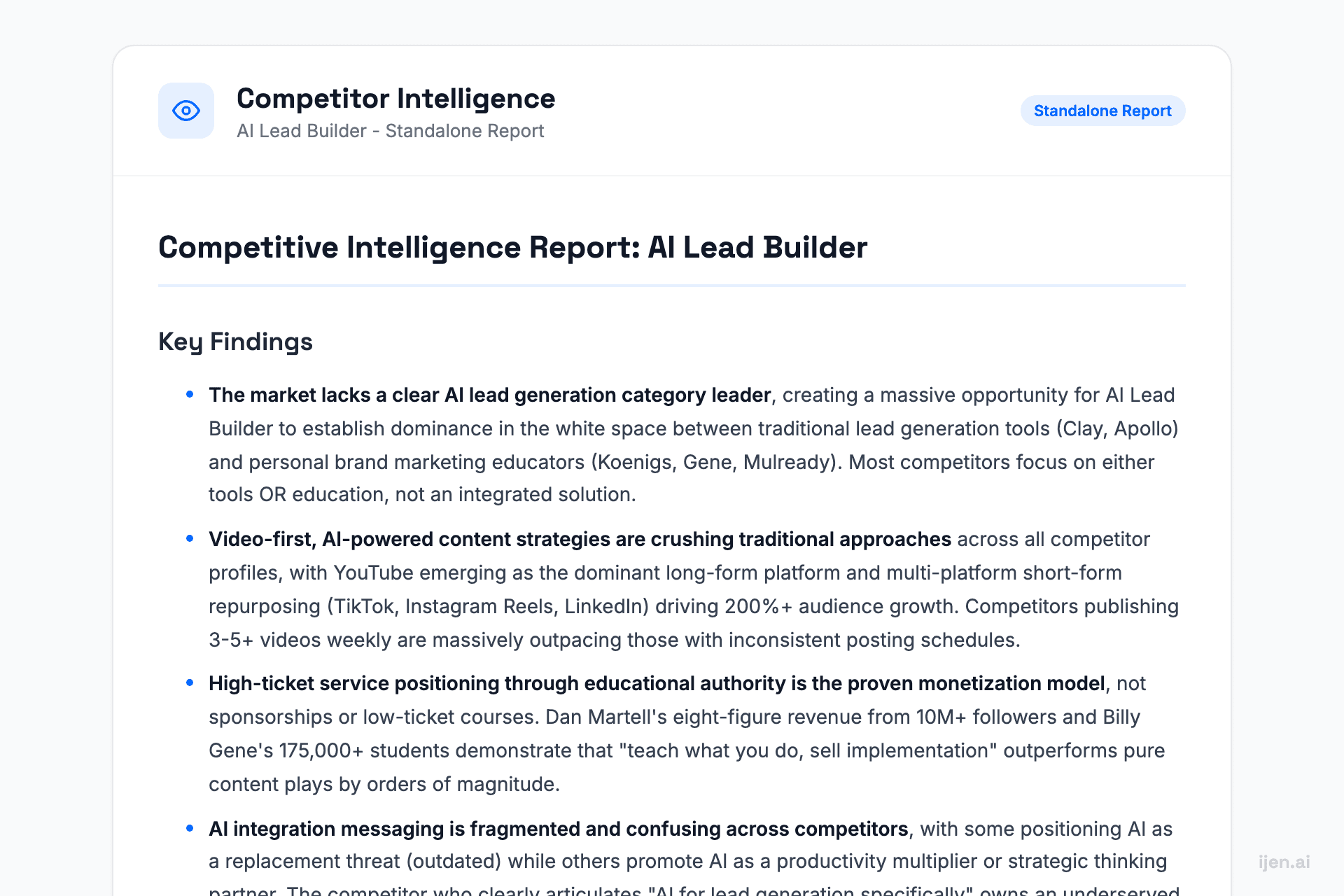 Competitor Intelligence sample report showing AI-generated analysis