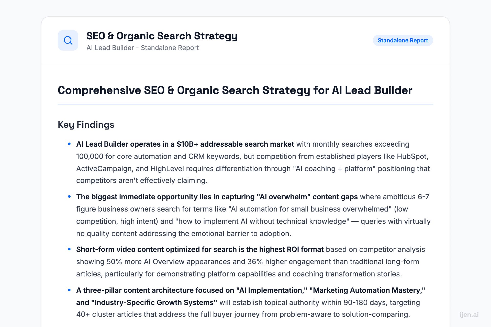 SEO & Organic Growth sample report showing AI-generated analysis
